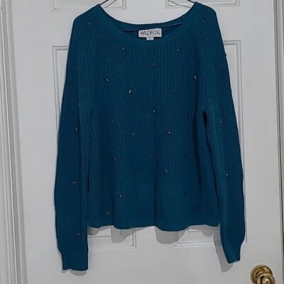 Wildfox Erika Stud Star Open Back Teal Blue Sweater