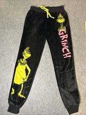 Grinch Plush Lounge Jogger Pants Small Dr Seuss Black Green Fleece Pajama Y2K