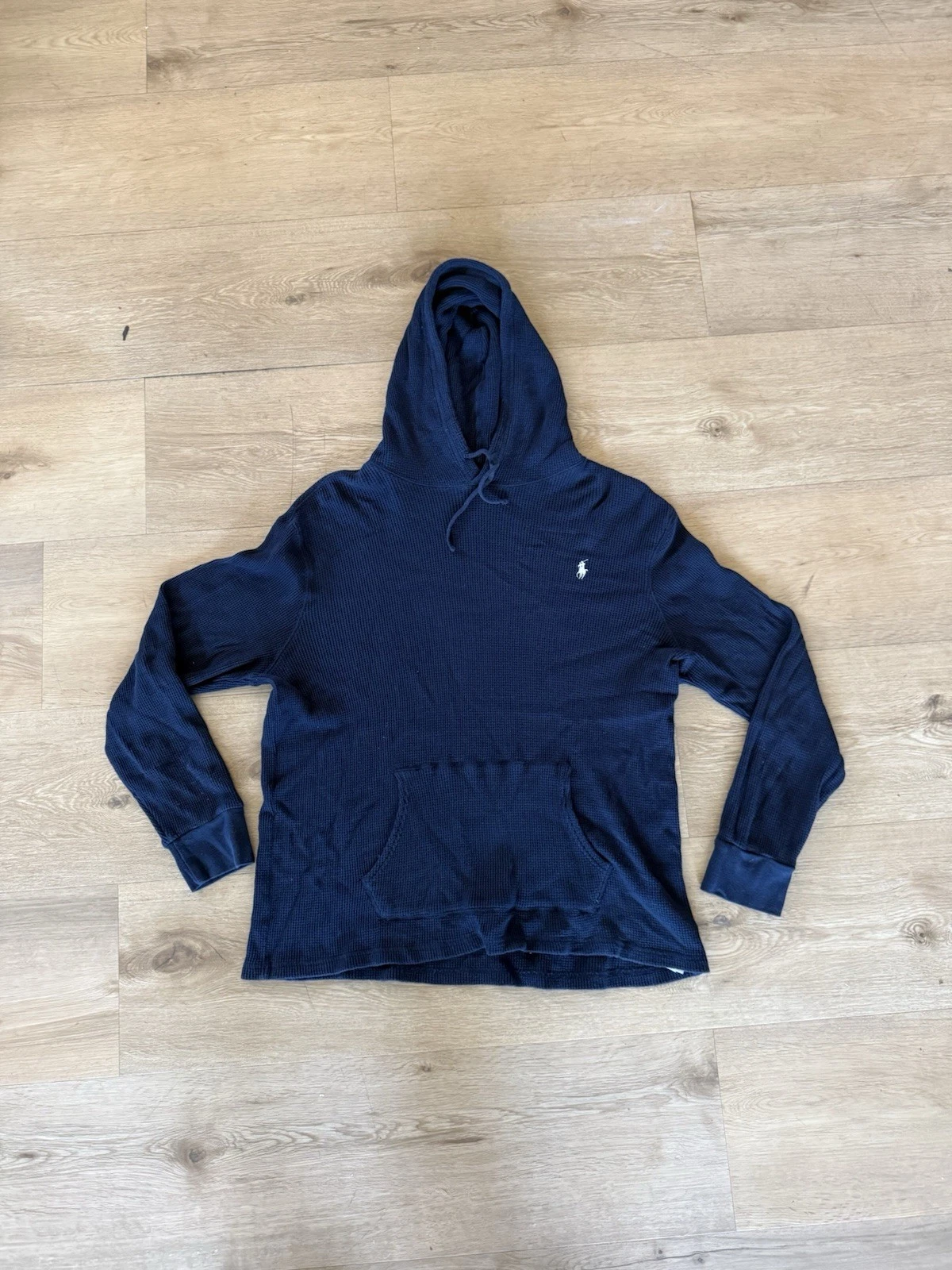 Polo Ralph Lauren Waffle Knit Hoodie Mens Blue Thermal Pullover sz XL