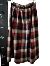 Vintage Pleated Plaid Wool Skirt Sz XS Midi Red White Blue Black 80s 25 waist