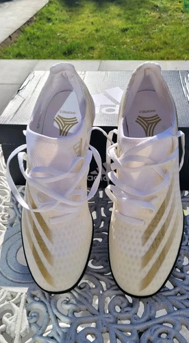Adidas x Ghosted.3 TF bianco oro metallizzato nuove con scatola Regno Unito taglia 9 (veste 8)