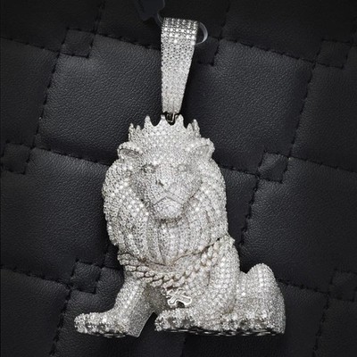 Lion 2.55Ct  Round Cut Moissanite Charm Pendant for Men's 14k White Gold Plated
