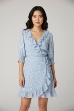 Rixo Blue And White Floral Puff Sleeves Ruffle Wrap Dress Size M