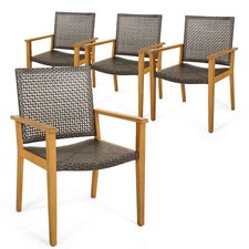 4PCS Patio Dining Chairs Outdoor Acacia Wood Rattan Armchairs Garden Balcony
