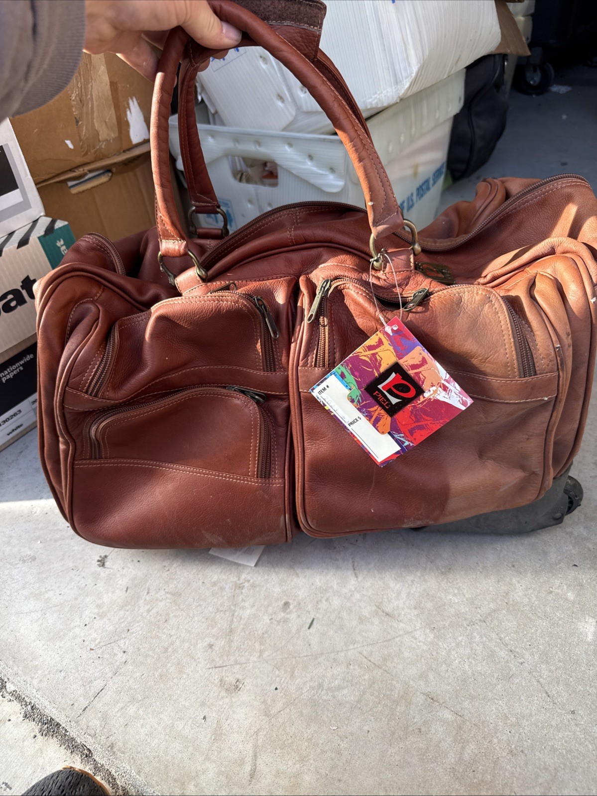 Vintage Piel Duffle Bag Genuine Leather Tan Brown Travel W/R