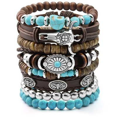 8 Pcs Stack Turquoise Western Bracelets for Women Boho Turquoise Beaded Concho B
