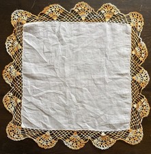 Vintage Cotton Handkerchief With Hand Crocheted Edge Orange 14  x 14  