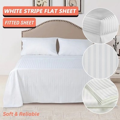 LUXUS TOP HOTEL QUALITÄT BAUMWOLLE SATIN STREIFEN FLACH SPANNBETTLAKEN BETTWÄSCHE SET WEISS