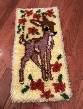 Vintage Latch Hook Bambi Fawn Flowers Wall Hanging Rug MCM 60s 70s Boho 24x12