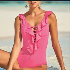 Lilly Pulitzer Carmen Strappy Ruffle One-Piece Swimsuit Coral Pink Size 12