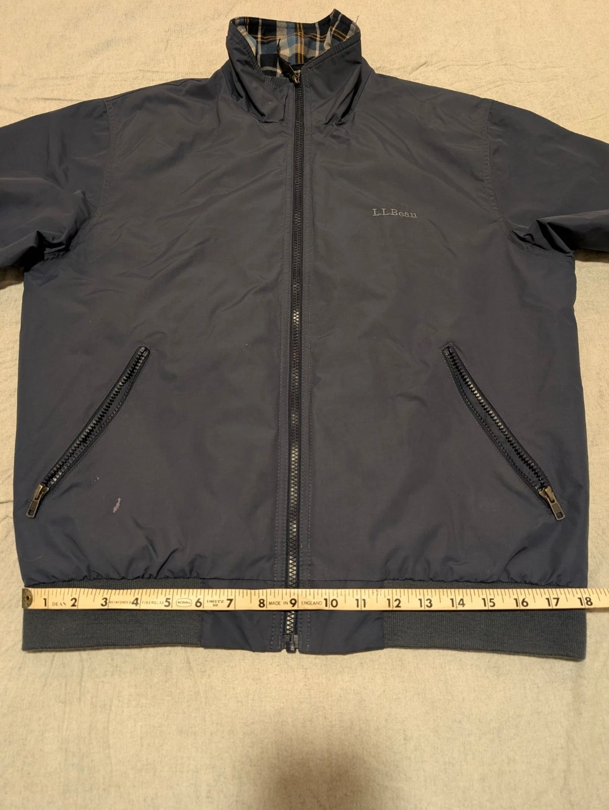 L.L.Bean Men's Warm-Up Jacket Flannel-Lined Dark Navy S Plaid Lining Full Zip - product detail image 6