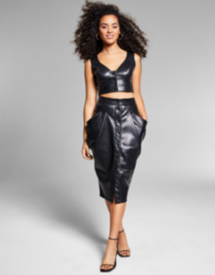 leather chain dress Black Faux Leather Spaghetti Strap Gold Chain Lace Up Double Slit Dress