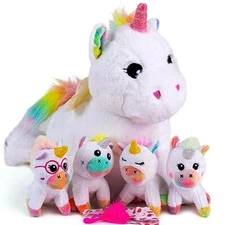 5 in1 Mommy Unicorn Stuffed Animal with 4 Baby Unicorns in Belly - Girls Gift 3+