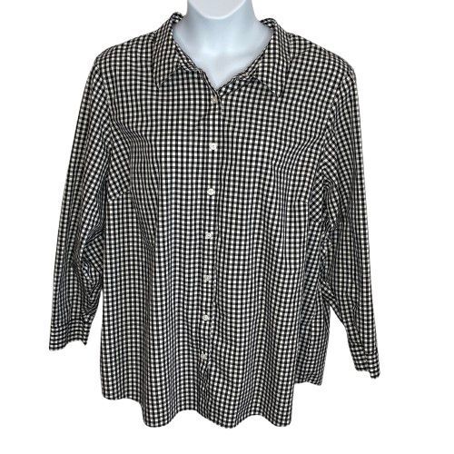 Lands End Womens 24W Gingham Check Button-Up Shirt in Black White Classic Style