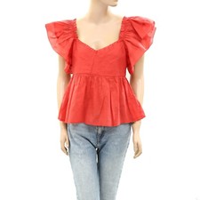 The Great Smocked Cotton Ruffle Cropped Blouse Top Short Sleeves Red S 269912