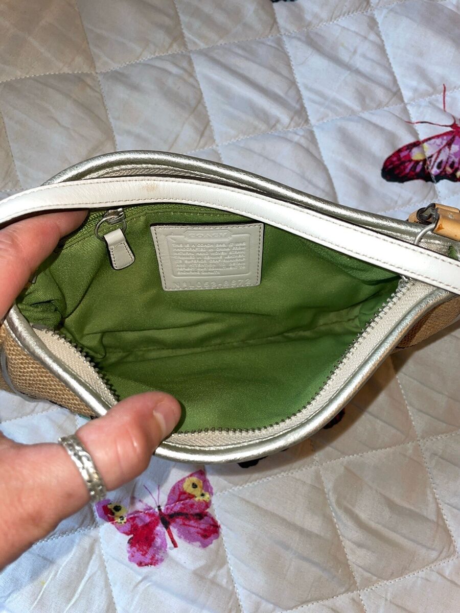 COACH Burlap DEMI Small Flower & Bee Pouchette Purse Bag COACH Burlap DEMI Small Flower & Bee Pouchette Purse Bag