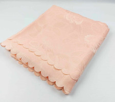 Soft salmon large rectangular tablecloth with rose pattern and scalloped edges