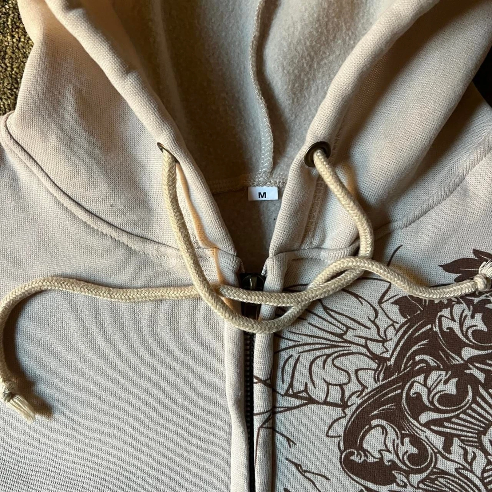 OFF WHITE Felpa con cappuccio zip intera vintage Y2K senza marchio donna panna e marrone cuore floreale taglia M