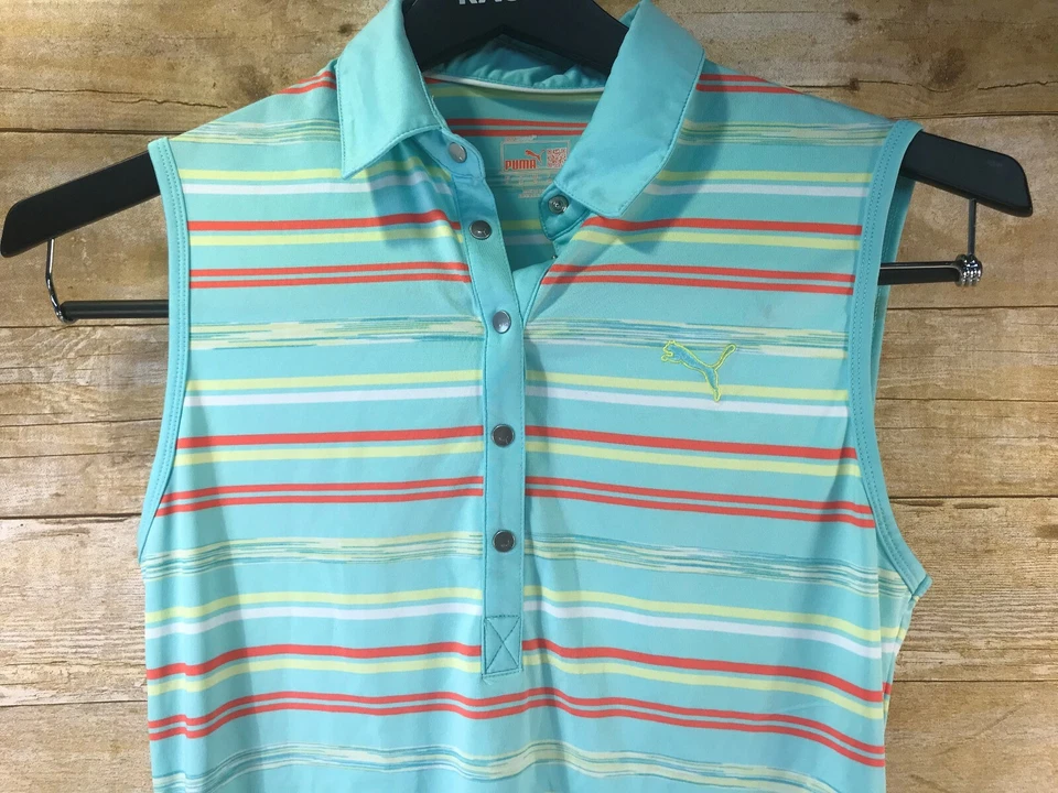 PUMA TANK TOP Women's S SLEEVELESS TENNIS GOLF GREEN ORANGE YELLOW STRIPE 💗EUC - Image 2 of 4