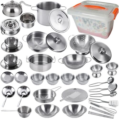 Mini Size Kids Kitchen Pretend Play Toys Accessories with Stainless Steel Coo...