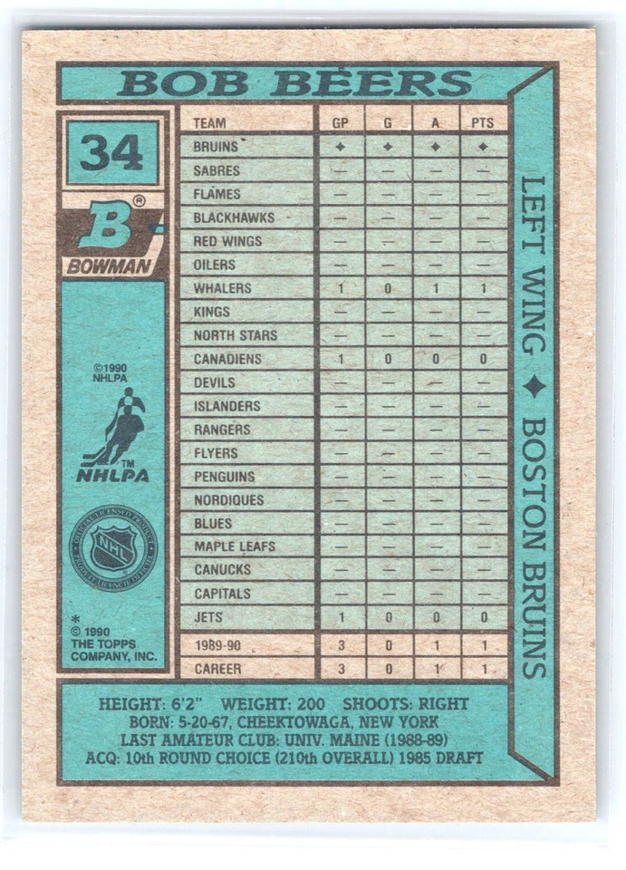 Bob Beers Autographed Signed Card 1990 Bowman #34 Auto - Image 2 of 2