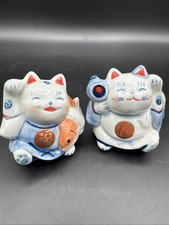 Maneki Neko Set of 2 Lucky Cat Figurines Porcelain Prosperity Fortune Free Ship 