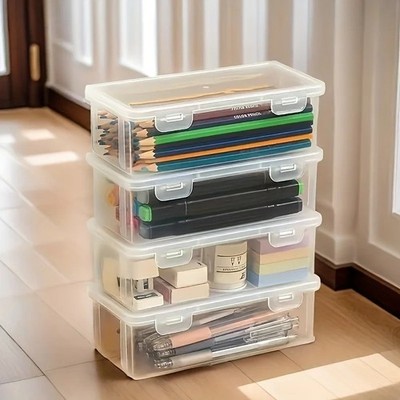 1/4 pcs Transparent PP Storage Boxes with Lids, Used for Storing Office Supplies