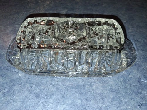 Vintage Anchor Hocking Starburst Cut Glass Butter Dish W/ Lid  Perfect Condition