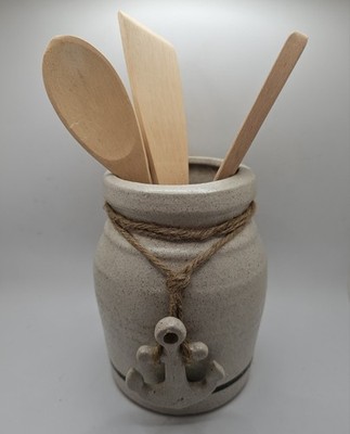Nautical Theme Stoneware Decorative Utensil Crock Salt Glaze Finish Cream Black