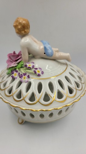 Antique Reticulated Porcelain Cherub Trinket Box Von Schierhclz Germany - Picture 5 of 11