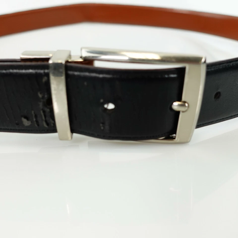 Perry Ellis Belt Men Size 42 Black Faux Leather Dress Reversible Silver Buckle - Image 2 of 4