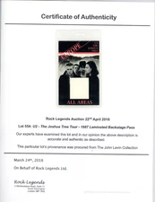 U2 The Joshua Tree Tour 1987 laminated backstage pass from John Levin Collection