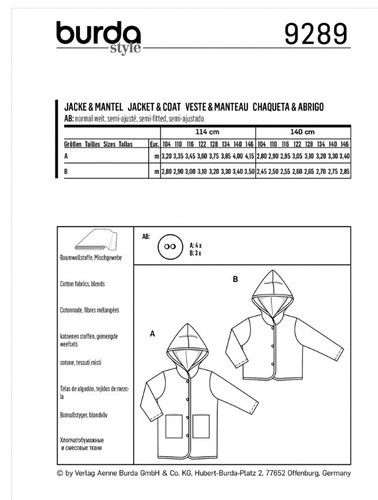 BURDA KIDS 9289 CHILD'S COAT & JACKET Sewing Pattern Ages 4-11 Skill: SUPER EASY - Picture 2 of 8