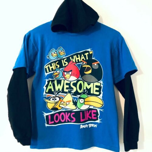 ANGRY BIRDS Boys Size M Blue & Black Raglan Hoodie T Shirt  - Picture 1 of 5
