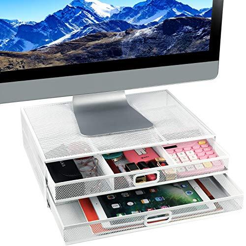 White Mesh Metal Monitor Stand Riser with Drawer – Ideal Desk Organizer for PC or Laptop-image