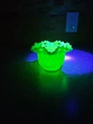 Fenton Basket Weave Ruffled Rim Green Satin Custard Glass Glows 3.5"×5.5"