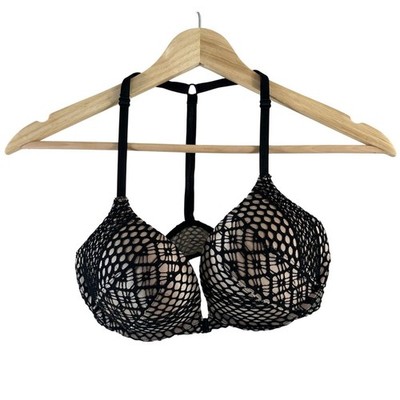 Victoria's Secret Bombshell Plunge Bra 32C Black Fishnet Front Close T-Back