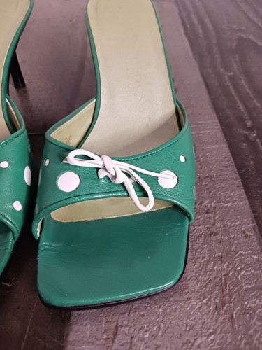 Two Lips Mule Heels SZ 4.5 Green and White Leather Polka Dot Rockabilly Slip On! - Picture 7 of 12