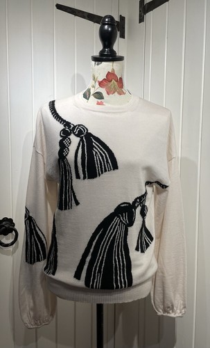 MARELLA Cream Fine Knit Wool Long Sleeve Black Tassels Design - Size S UK 8-10