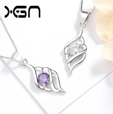 Sterling Silver Angel Wing Lady Amethyst Cubic Zirconia Pendant Necklace Box H10