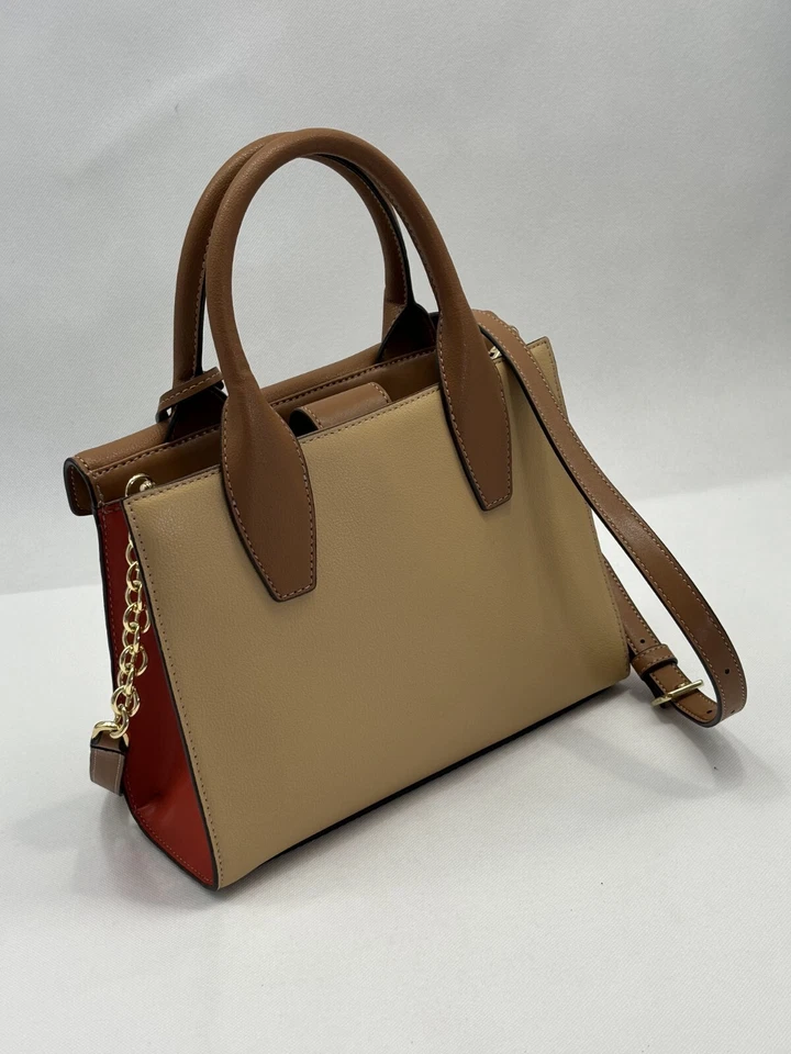 Calvin Klein Lock Daytona Brown Beige Orange Leather Gold Statement Satchel OBO - Image 3 of 4
