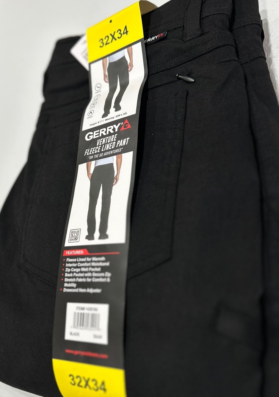 Gerry Men’s Venture Fleece Lined Stretch Pants w/Cargo Pocket, Black