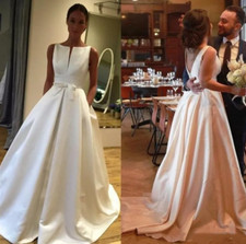 Simple White Satin Wedding Dress Elegant Split Neckline A Line Straps Bow Bridal