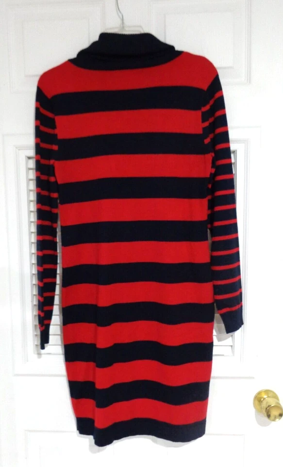 Tommy Hilfiger Women's Navy Blue Red Stripe Funnel Turtleneck Sweater Dress Sz M - Image 3 of 4