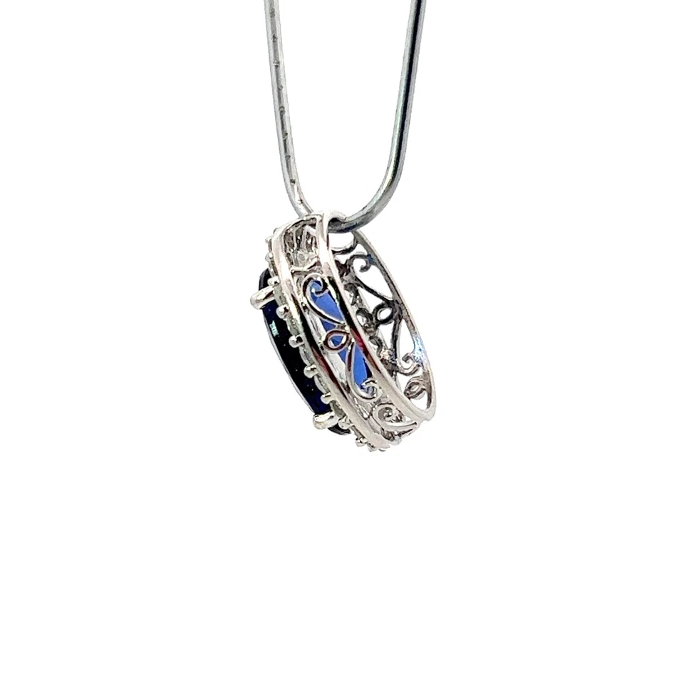 Argento Sterling Blu Zaffiro & Creato IN Laboratorio Bianco Halo Slide Ciondolo - Immagine 3 di 4