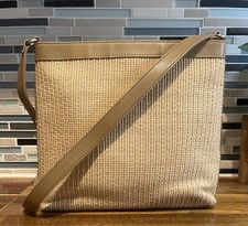Vintage FOSSIL Brand Woven Natural Straw Leather Trim Shoulder Purse Handbag