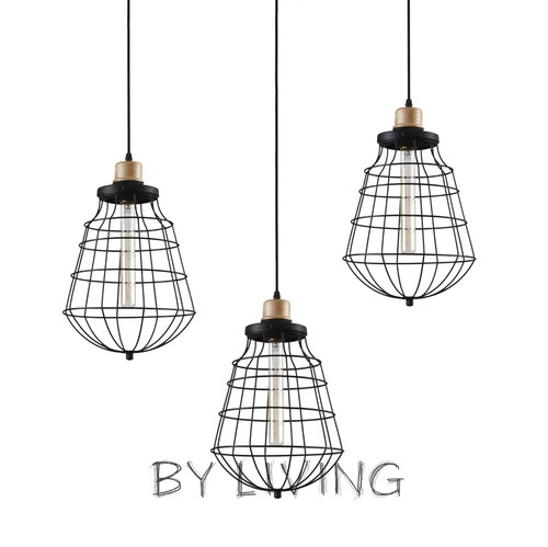 Modern vintage minimal Wood Timber Metal cage hanging ceiling pendant light - Picture 4 of 4