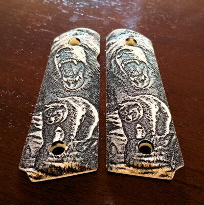 1911 custom engraved imitation ivory scrimshaw grips Grizzly Bear