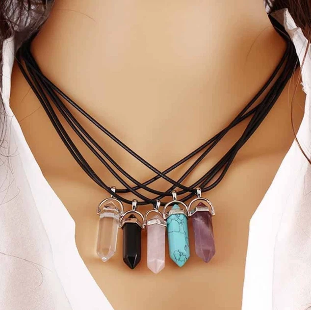 Handmade Colorful raw quartz crystal point pendant necklace with leaves |  13th Psyche