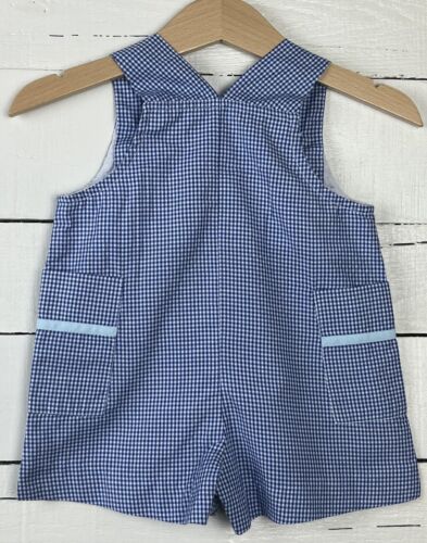 Boys HOUSE of HATTEN Sz 6m Shortall Jon Jon Overall Blue Gingham Worm Applique - Picture 3 of 4
